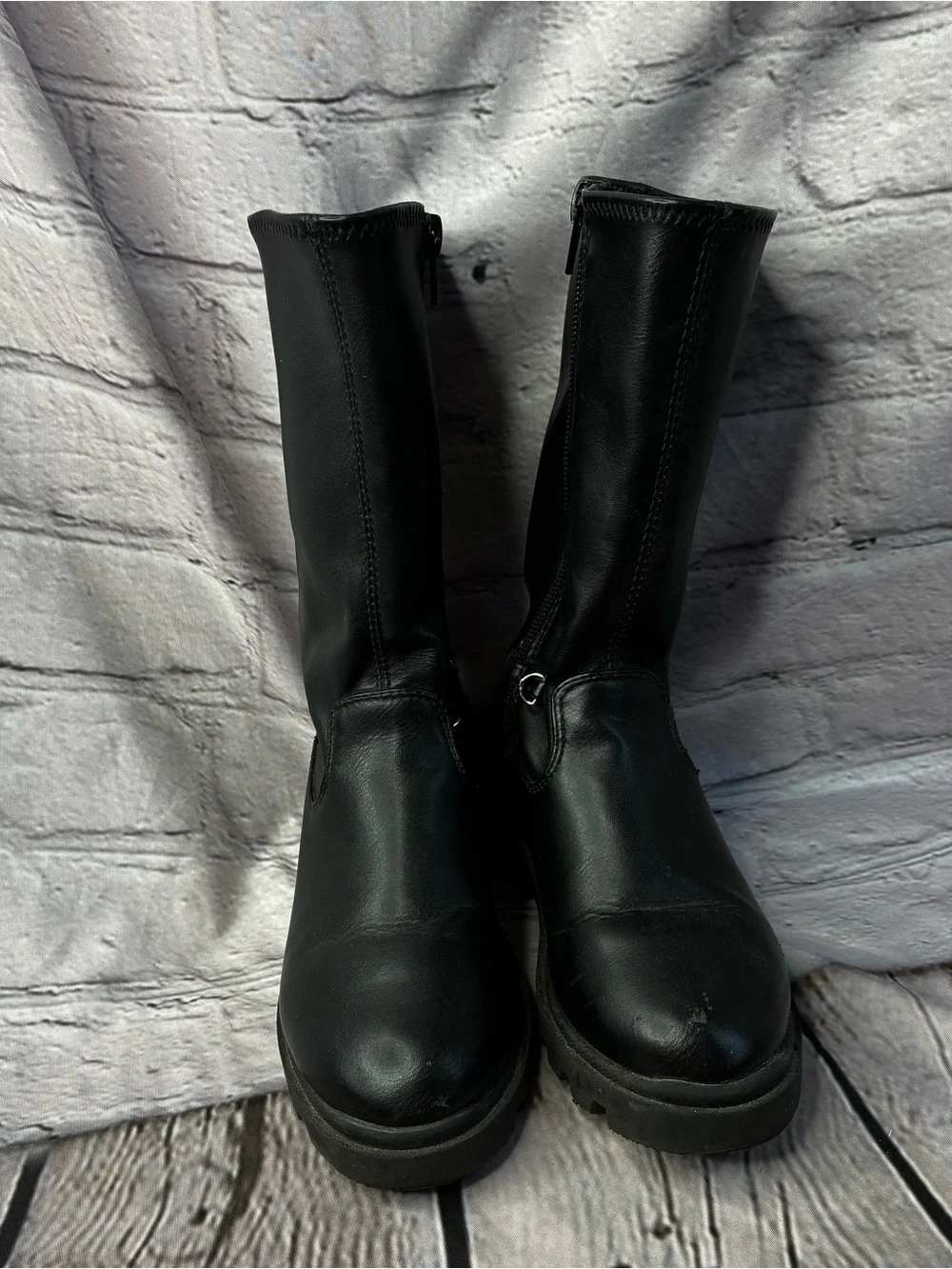 Steve Madden Girls Black Mid-Calf Zip-Up Pleather Lug Sole Boots Sz 11 AS IS GUC